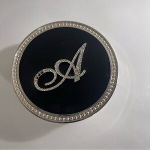 Rhinestone Initial “A” Silvertone lined in blue Felt Round Trinket Jewelry Box